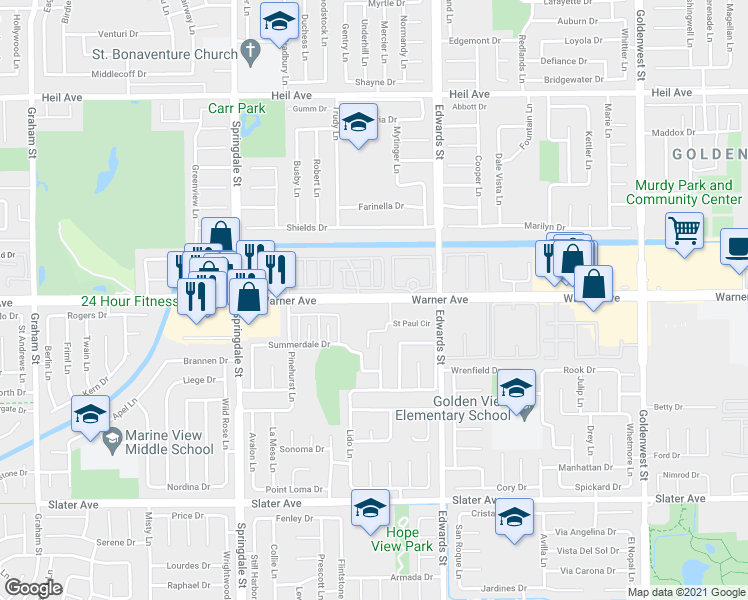 map of restaurants, bars, coffee shops, grocery stores, and more near 6301 Warner Avenue in Huntington Beach