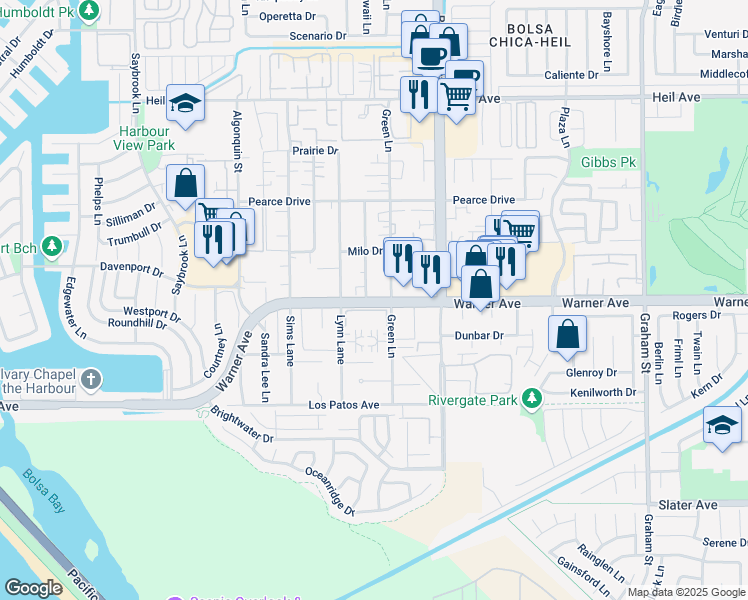 map of restaurants, bars, coffee shops, grocery stores, and more near 4861 Warner Avenue in Huntington Beach