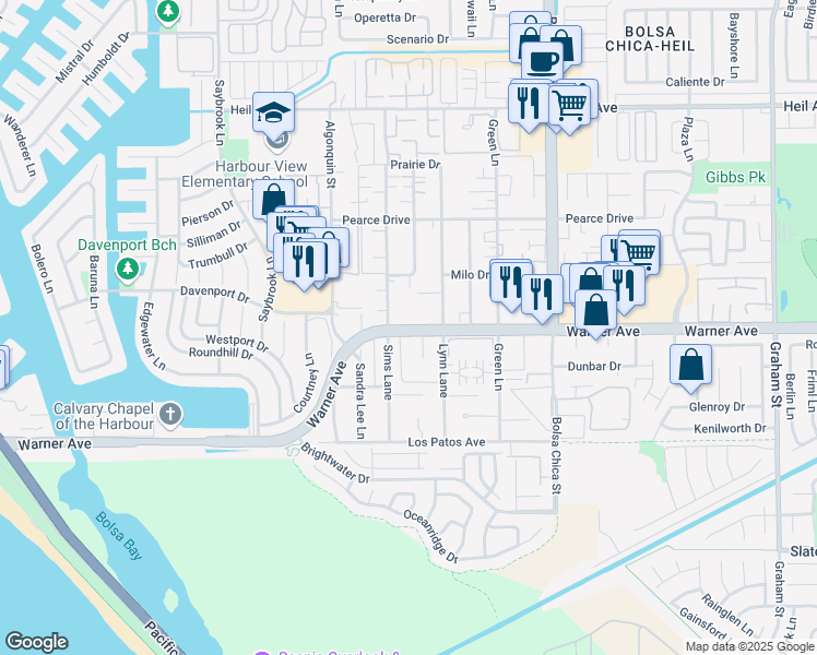 map of restaurants, bars, coffee shops, grocery stores, and more near 4691 Warner Avenue in Huntington Beach