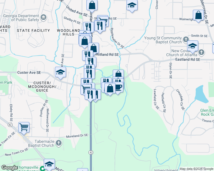 map of restaurants, bars, coffee shops, grocery stores, and more near 1355 Custer Avenue Southeast in Atlanta