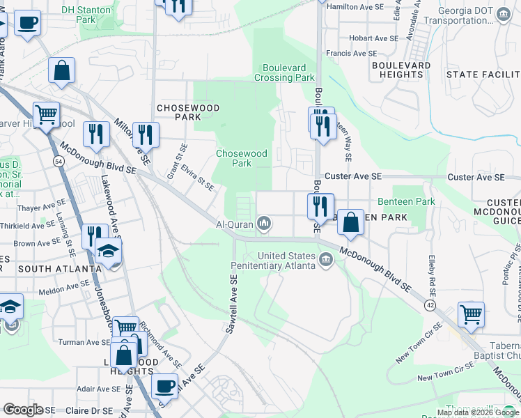 map of restaurants, bars, coffee shops, grocery stores, and more near 1420 Gault Street Southeast in Atlanta