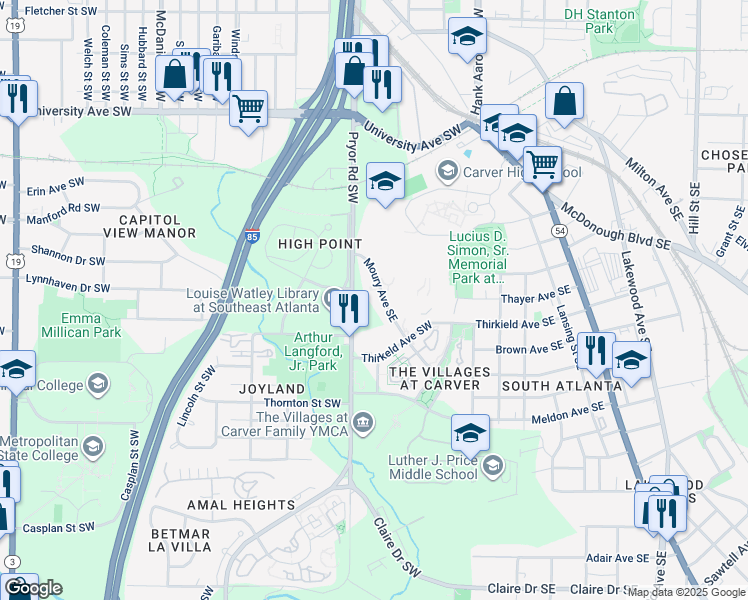 map of restaurants, bars, coffee shops, grocery stores, and more near 204 Moury Avenue Southwest in Atlanta