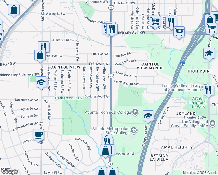 map of restaurants, bars, coffee shops, grocery stores, and more near 1443 Metropolitan Parkway Southwest in Atlanta