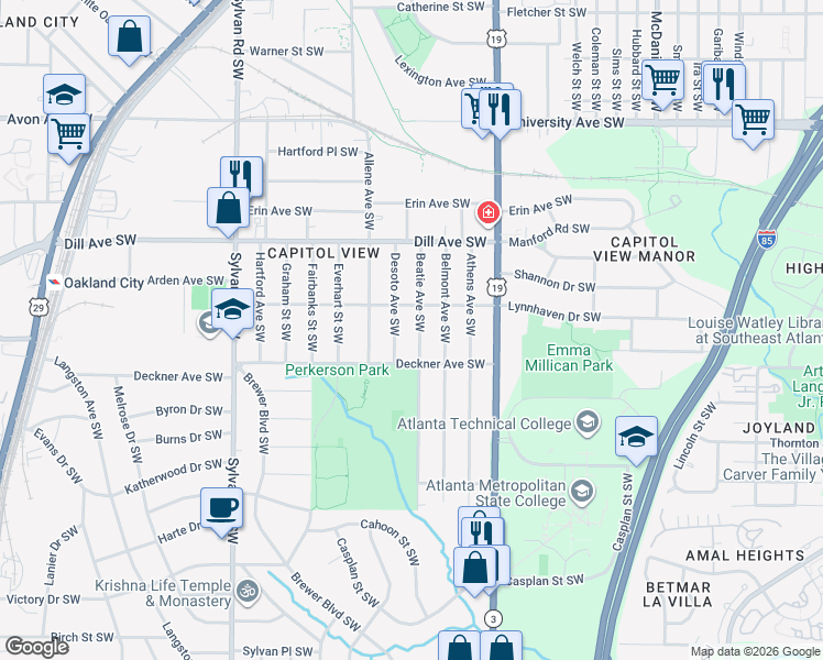 map of restaurants, bars, coffee shops, grocery stores, and more near 1443 Beatie Avenue Southwest in Atlanta