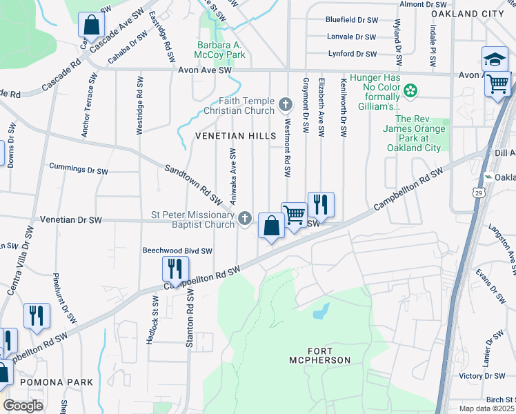 map of restaurants, bars, coffee shops, grocery stores, and more near 1460 Willow Trail Southwest in Atlanta