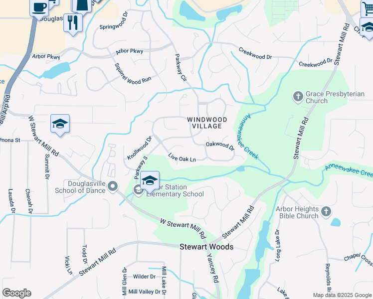 map of restaurants, bars, coffee shops, grocery stores, and more near 9890 Live Oak Court in Douglasville