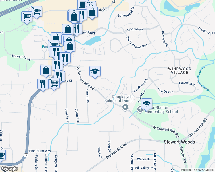 map of restaurants, bars, coffee shops, grocery stores, and more near 50 Carrington Lane in Douglasville