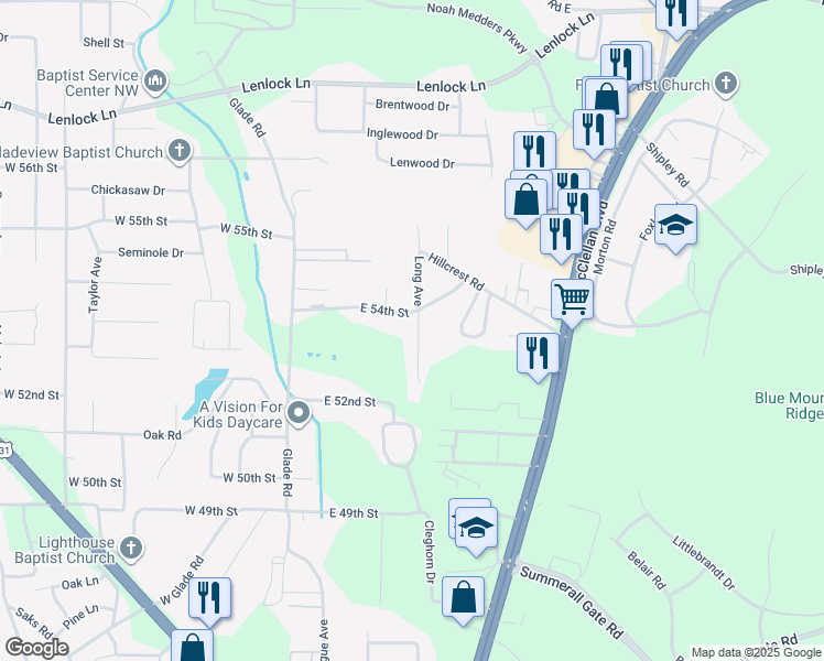 map of restaurants, bars, coffee shops, grocery stores, and more near 5328 Long Avenue in Anniston