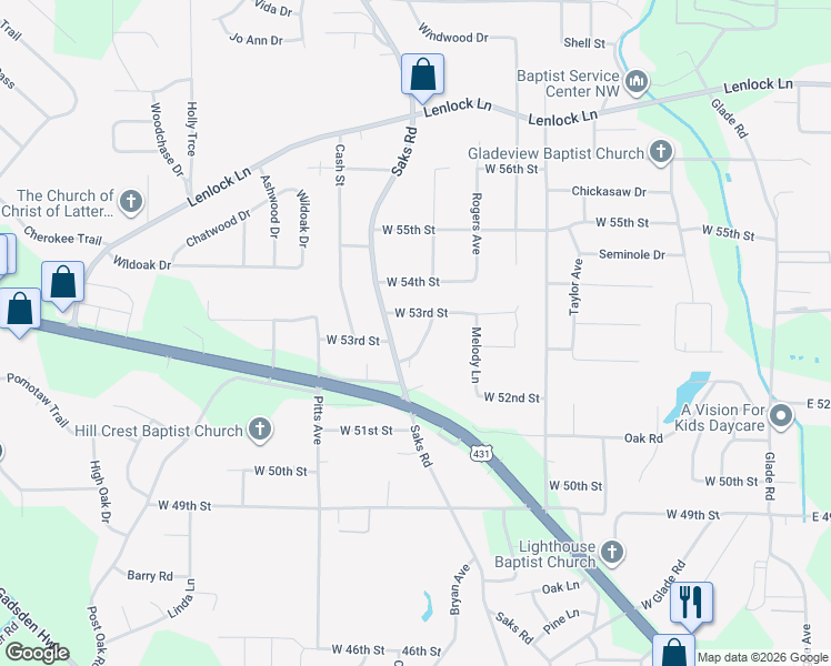 map of restaurants, bars, coffee shops, grocery stores, and more near 5230 Sakston Drive in Anniston