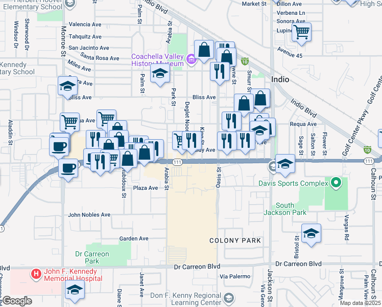 map of restaurants, bars, coffee shops, grocery stores, and more near 82639 Saidy Avenue in Indio