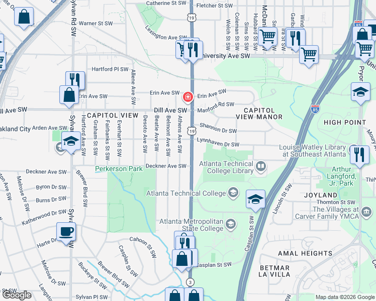 map of restaurants, bars, coffee shops, grocery stores, and more near 1443 Metropolitan Parkway Southwest in Atlanta