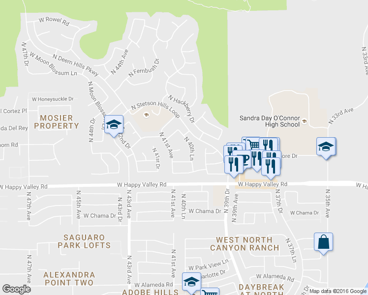 map of restaurants, bars, coffee shops, grocery stores, and more near 4032 West Desert Hollow Drive in Phoenix