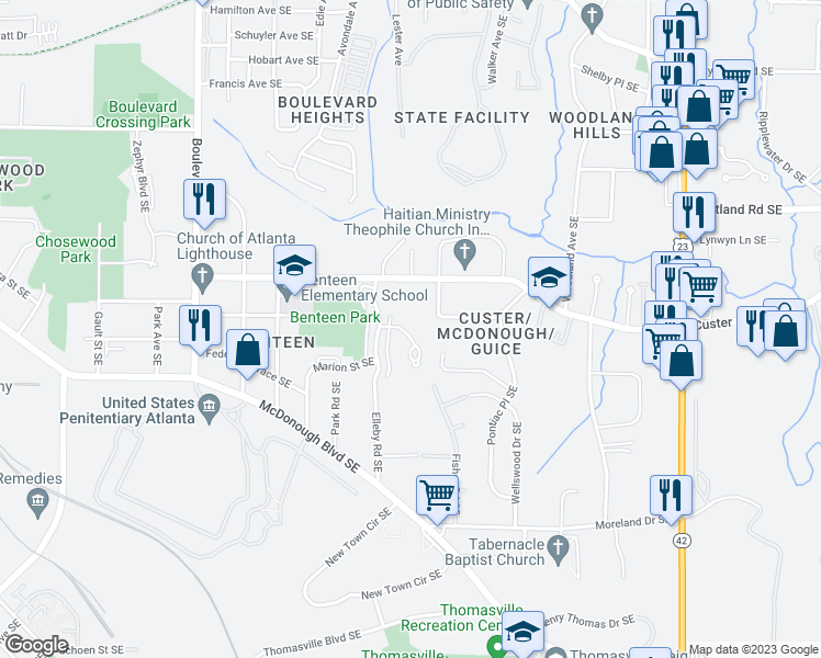 map of restaurants, bars, coffee shops, grocery stores, and more near 1336 Park Trace Southeast in Atlanta