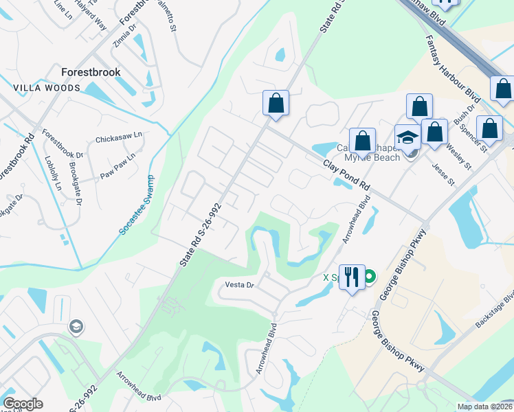 map of restaurants, bars, coffee shops, grocery stores, and more near 27 Ryan Lane in Myrtle Beach