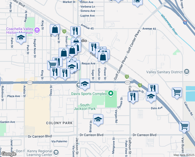 map of restaurants, bars, coffee shops, grocery stores, and more near 45861 Salton Street in Indio