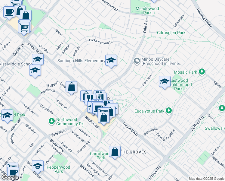 map of restaurants, bars, coffee shops, grocery stores, and more near 75 Lakepines in Irvine