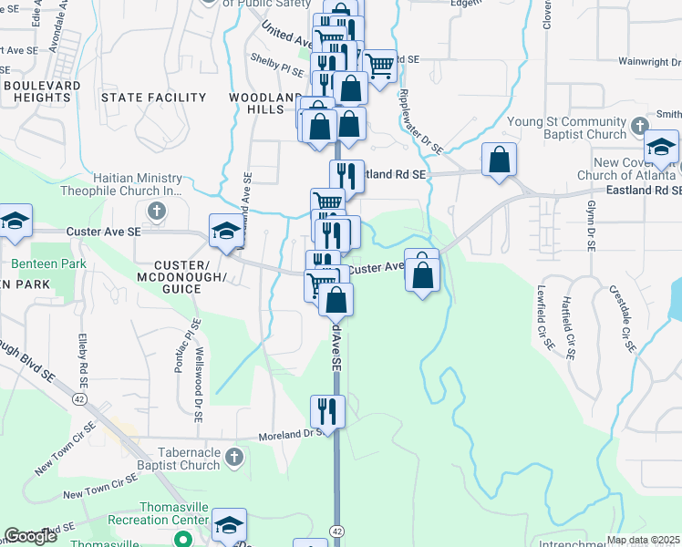map of restaurants, bars, coffee shops, grocery stores, and more near 1296 Moreland Avenue Southeast in Atlanta