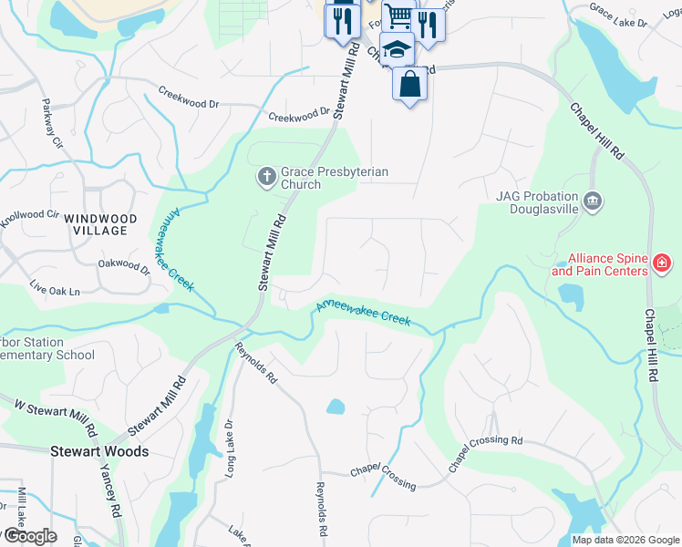 map of restaurants, bars, coffee shops, grocery stores, and more near 9874 Milton Court in Douglasville