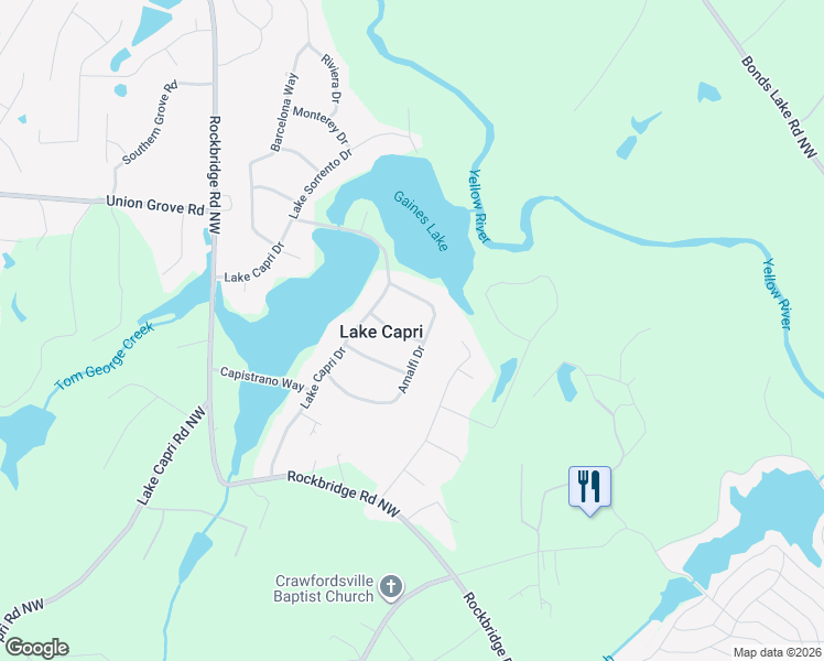 map of restaurants, bars, coffee shops, grocery stores, and more near 2540 Amalfi Drive in Conyers