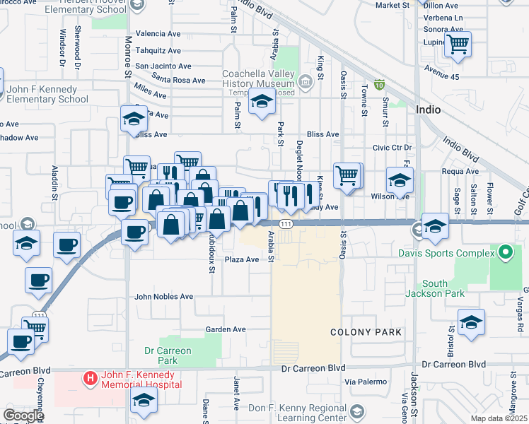 map of restaurants, bars, coffee shops, grocery stores, and more near 82462 California 111 in Indio