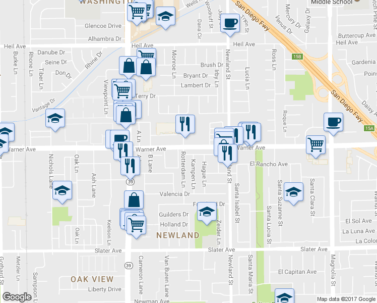 map of restaurants, bars, coffee shops, grocery stores, and more near 8281 Amsterdam Drive in Huntington Beach