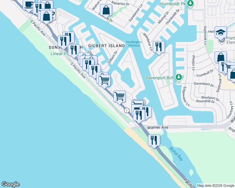 map of restaurants, bars, coffee shops, grocery stores, and more near 16922 Pacific Coast Highway in Huntington Beach
