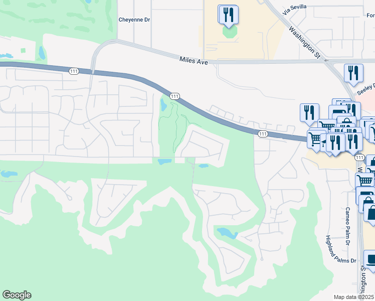 map of restaurants, bars, coffee shops, grocery stores, and more near 45766 East Vía Villaggio in Indian Wells