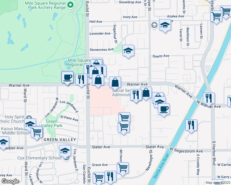map of restaurants, bars, coffee shops, grocery stores, and more near 11180 Warner Avenue in Fountain Valley