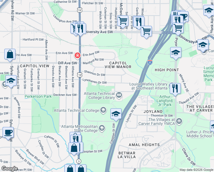 map of restaurants, bars, coffee shops, grocery stores, and more near 478 Lynnhaven Drive Southwest in Atlanta