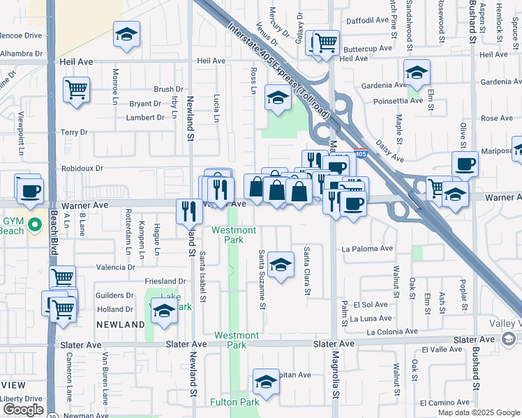 map of restaurants, bars, coffee shops, grocery stores, and more near 8744 Warner Avenue in Fountain Valley