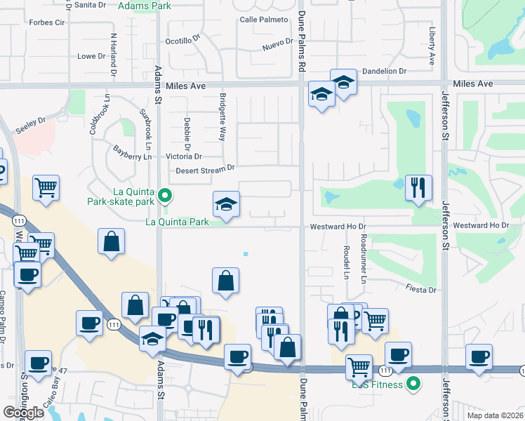 map of restaurants, bars, coffee shops, grocery stores, and more near 45925 La Reina Ct in La Quinta