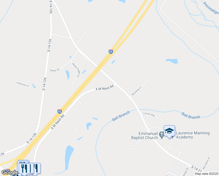 map of restaurants, bars, coffee shops, grocery stores, and more near 1093 A M Nash Road in Manning