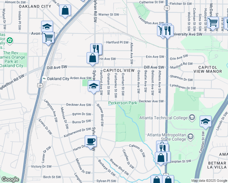 map of restaurants, bars, coffee shops, grocery stores, and more near 1443 Fairbanks Street Southwest in Atlanta