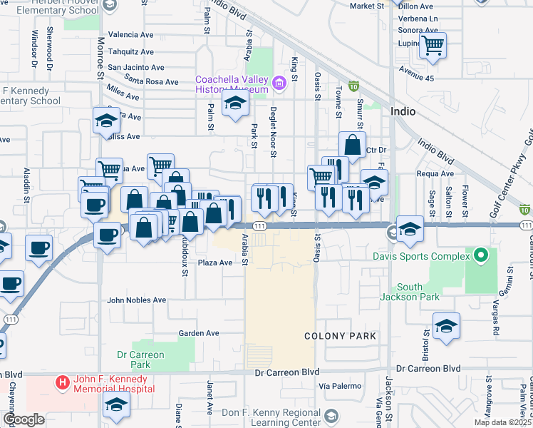 map of restaurants, bars, coffee shops, grocery stores, and more near 82590 California 111 in Indio