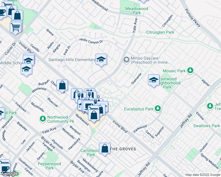 map of restaurants, bars, coffee shops, grocery stores, and more near 162 Pineview in Irvine