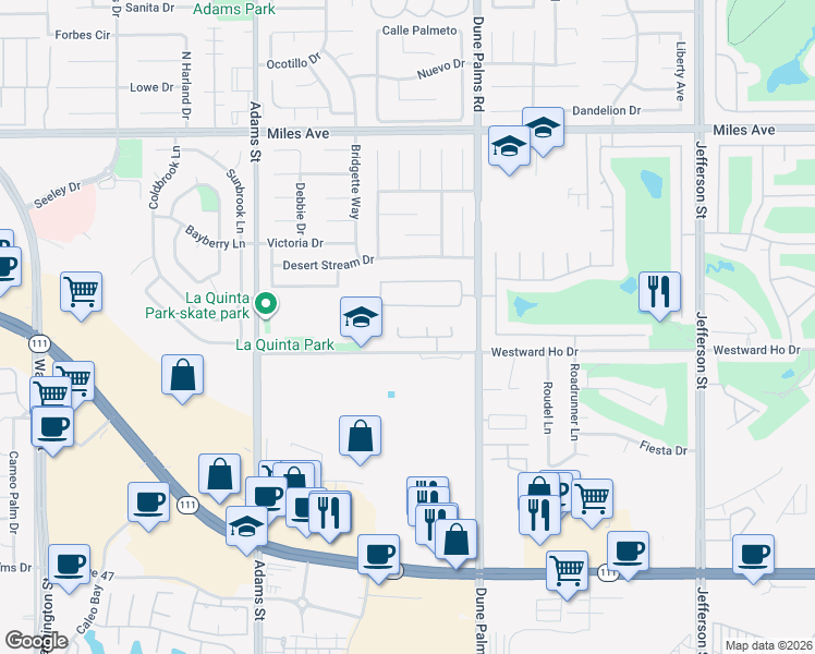 map of restaurants, bars, coffee shops, grocery stores, and more near 45930 Las Colinas in La Quinta