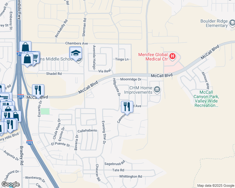 map of restaurants, bars, coffee shops, grocery stores, and more near 27831 Hillpointe Drive in Menifee