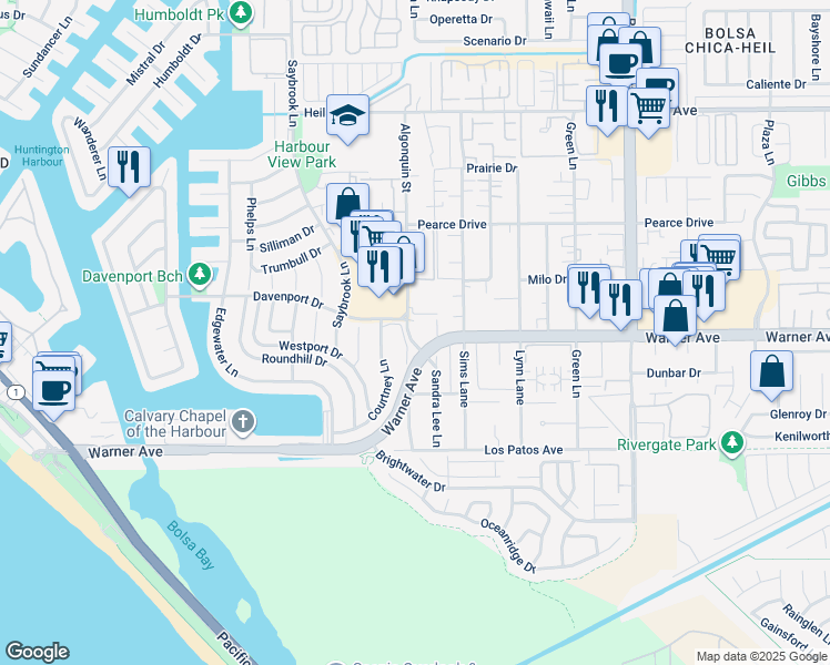 map of restaurants, bars, coffee shops, grocery stores, and more near 16960 Algonquin Street in Huntington Beach