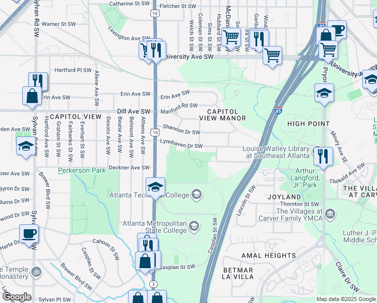 map of restaurants, bars, coffee shops, grocery stores, and more near 526 Lynnhaven Drive Southwest in Atlanta