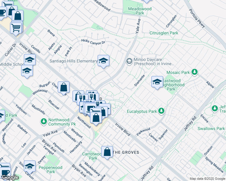 map of restaurants, bars, coffee shops, grocery stores, and more near 162 Pineview in Irvine