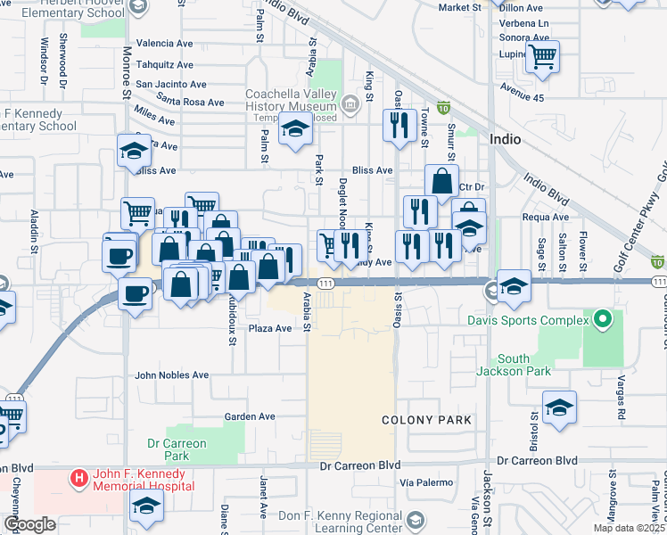 map of restaurants, bars, coffee shops, grocery stores, and more near 82590 California 111 in Indio