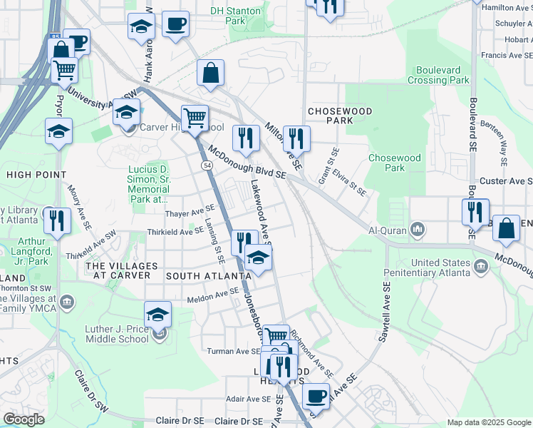 map of restaurants, bars, coffee shops, grocery stores, and more near 1426 Lakewood Avenue Southeast in Atlanta