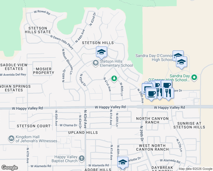 map of restaurants, bars, coffee shops, grocery stores, and more near 25228 North 41st Avenue in Phoenix