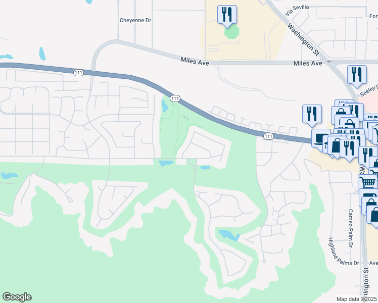 map of restaurants, bars, coffee shops, grocery stores, and more near 45766 East Vía Villaggio in Indian Wells