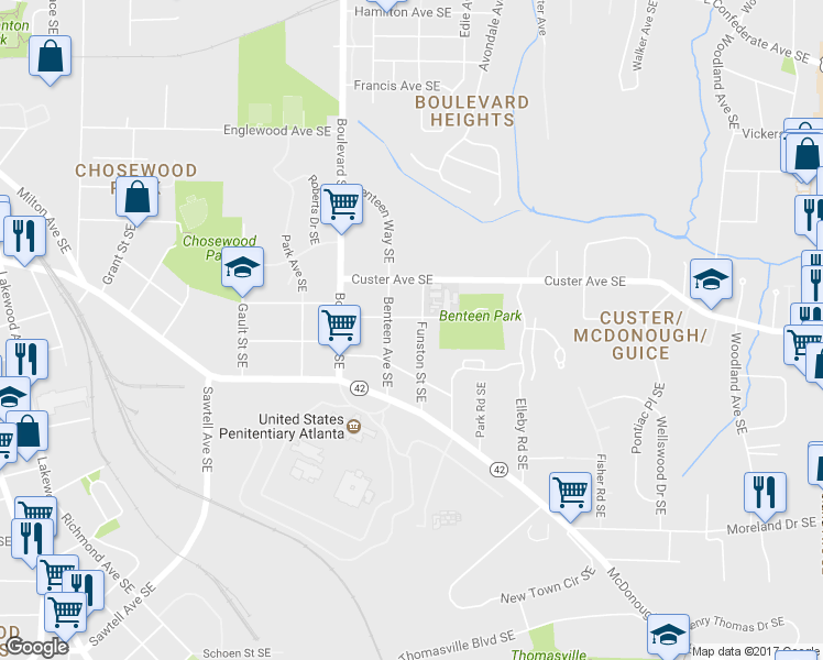 map of restaurants, bars, coffee shops, grocery stores, and more near 1425 Funston Street Southeast in Atlanta