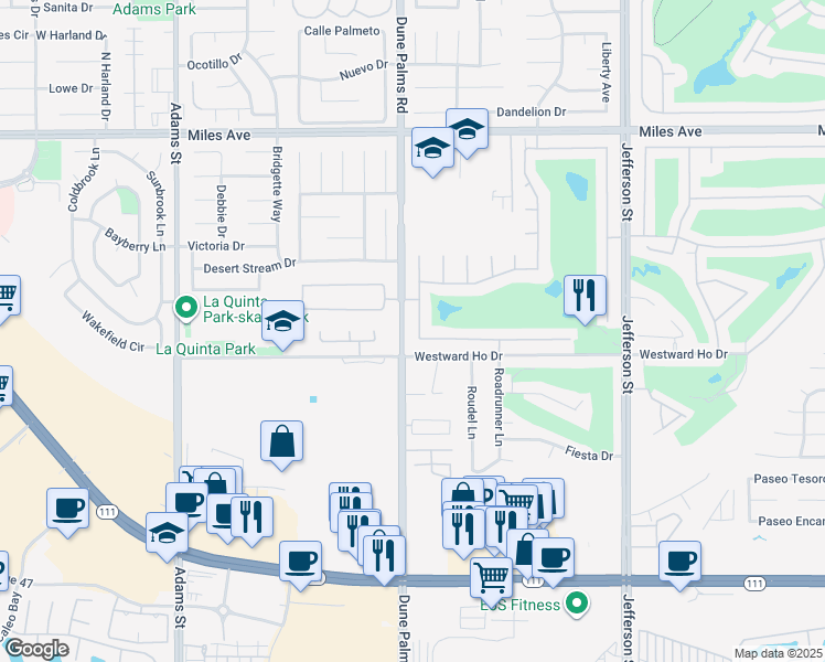 map of restaurants, bars, coffee shops, grocery stores, and more near 45885 Crosswater Street in Indio