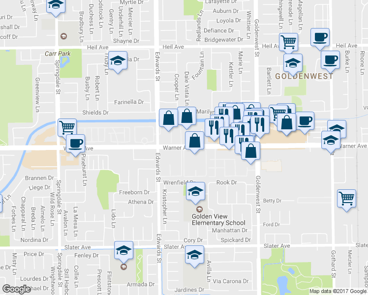 map of restaurants, bars, coffee shops, grocery stores, and more near 6606-6698 Warner Ave in Huntington Beach