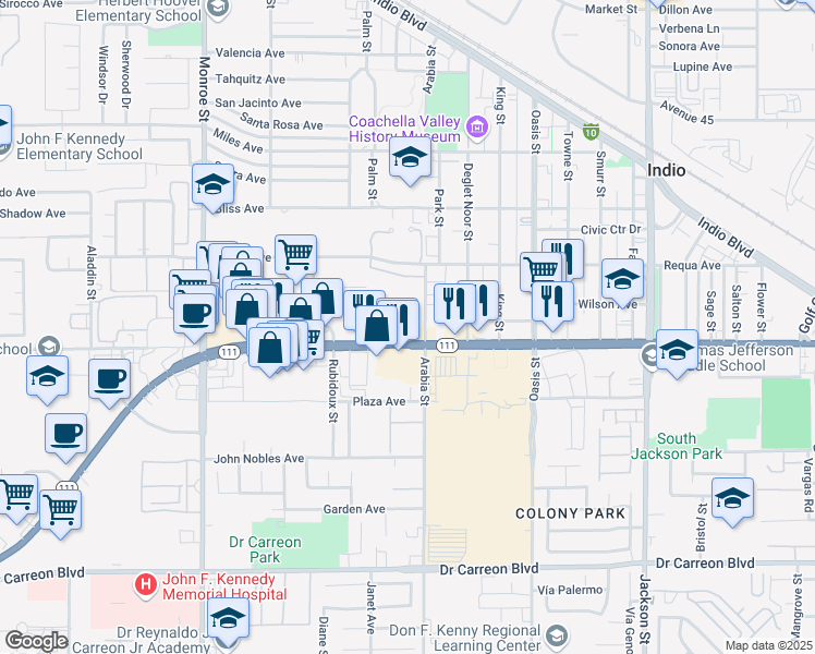 map of restaurants, bars, coffee shops, grocery stores, and more near 82462 California 111 in Indio