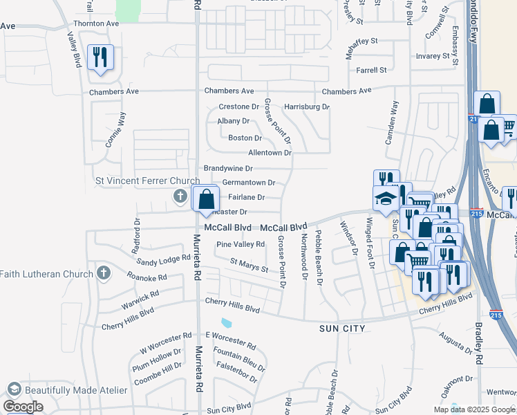map of restaurants, bars, coffee shops, grocery stores, and more near 26210 Lancaster Drive in Menifee