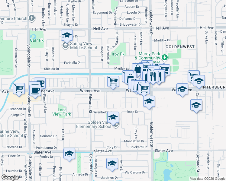 map of restaurants, bars, coffee shops, grocery stores, and more near 6662 Sun Drive in Huntington Beach
